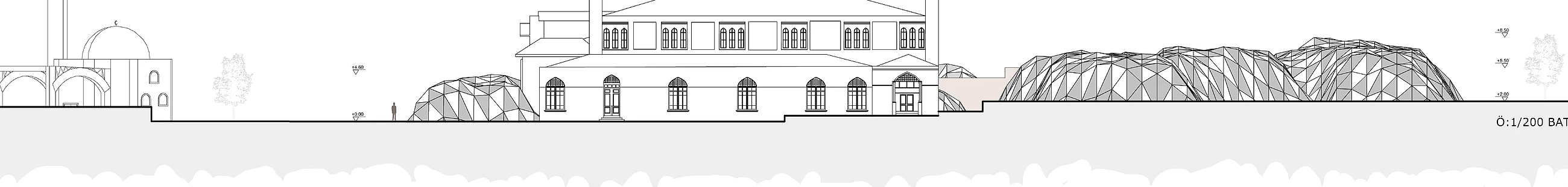 Batı cephesi — cami silueti ve gridshell kanopiler