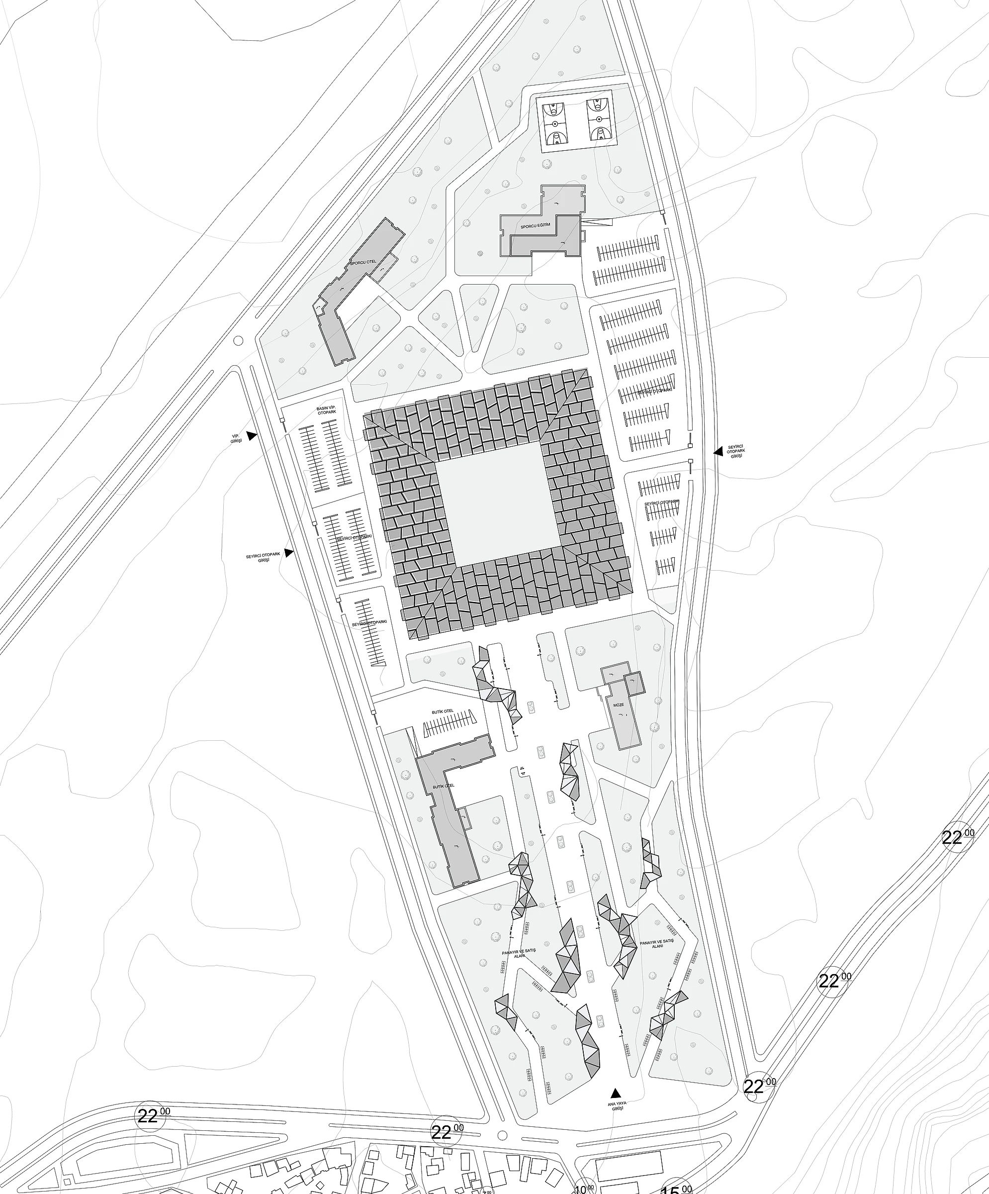 Vaziyet planı — merkezdeki kare arena çevresinde topografyayı izleyen kademeli kompleks
