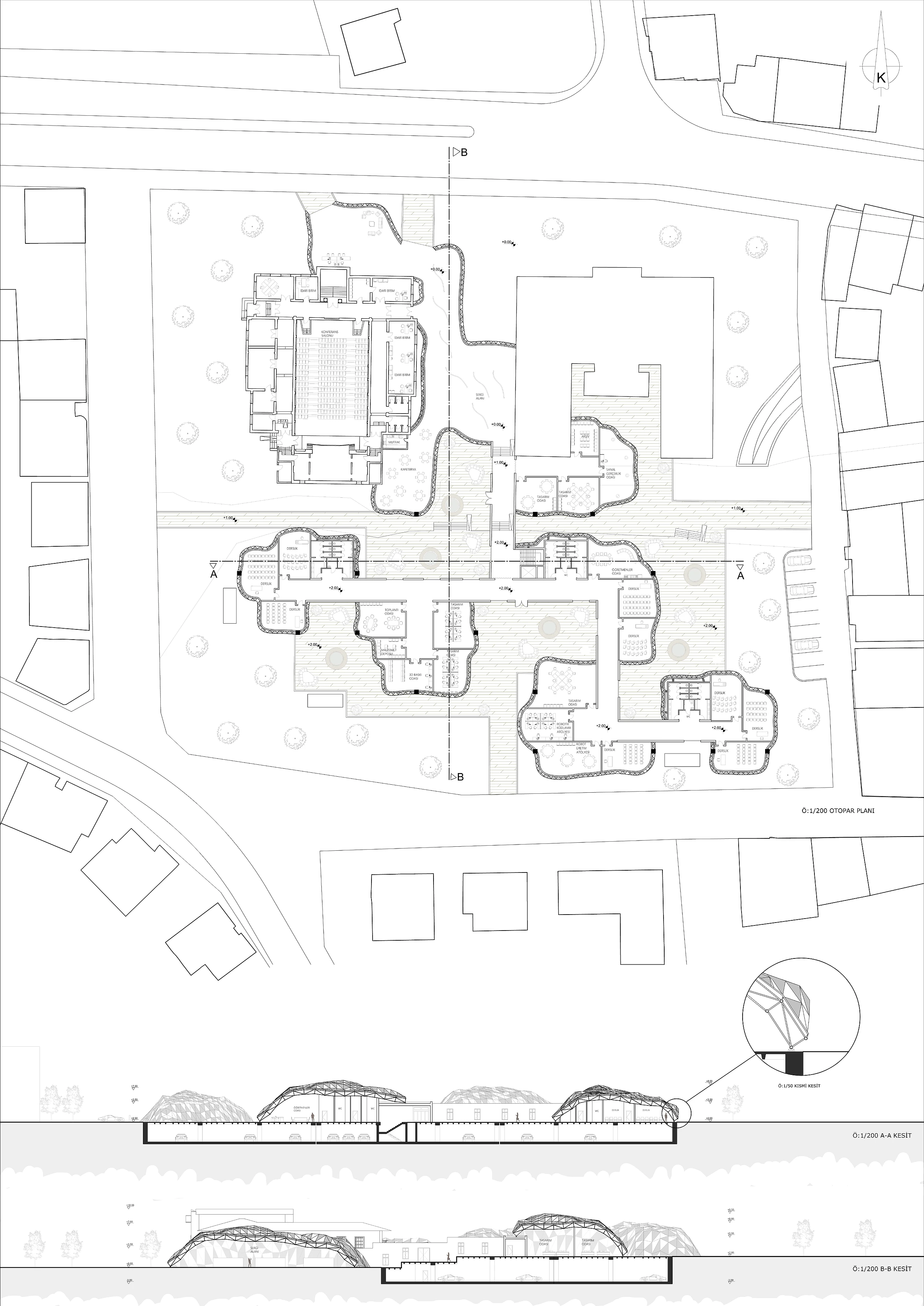 Pafta 1 — Plan, kesitler, detay