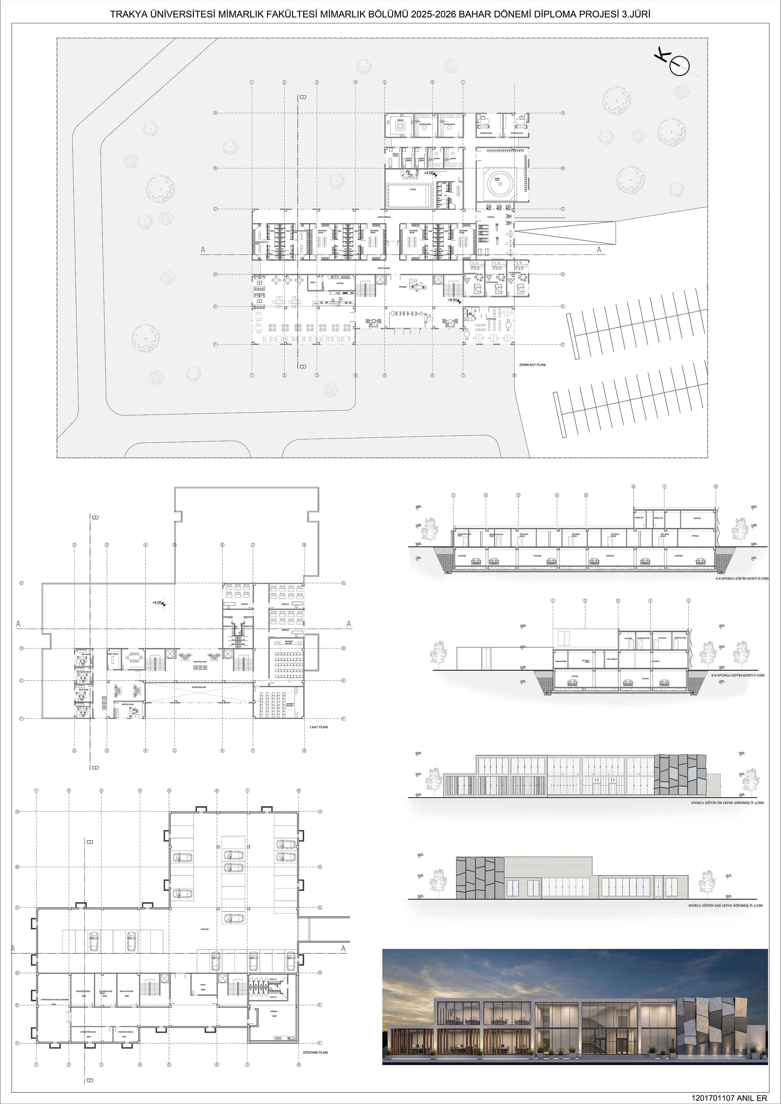 Eğitim binası — plan, kesit, görünüş